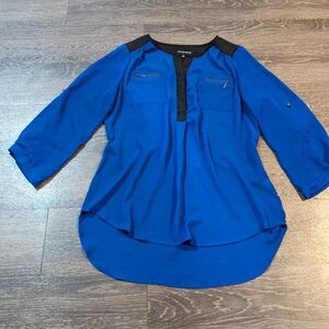 My Michelle Blue Blouse Black Trim Zip Pocket Hi-Low Top Size L